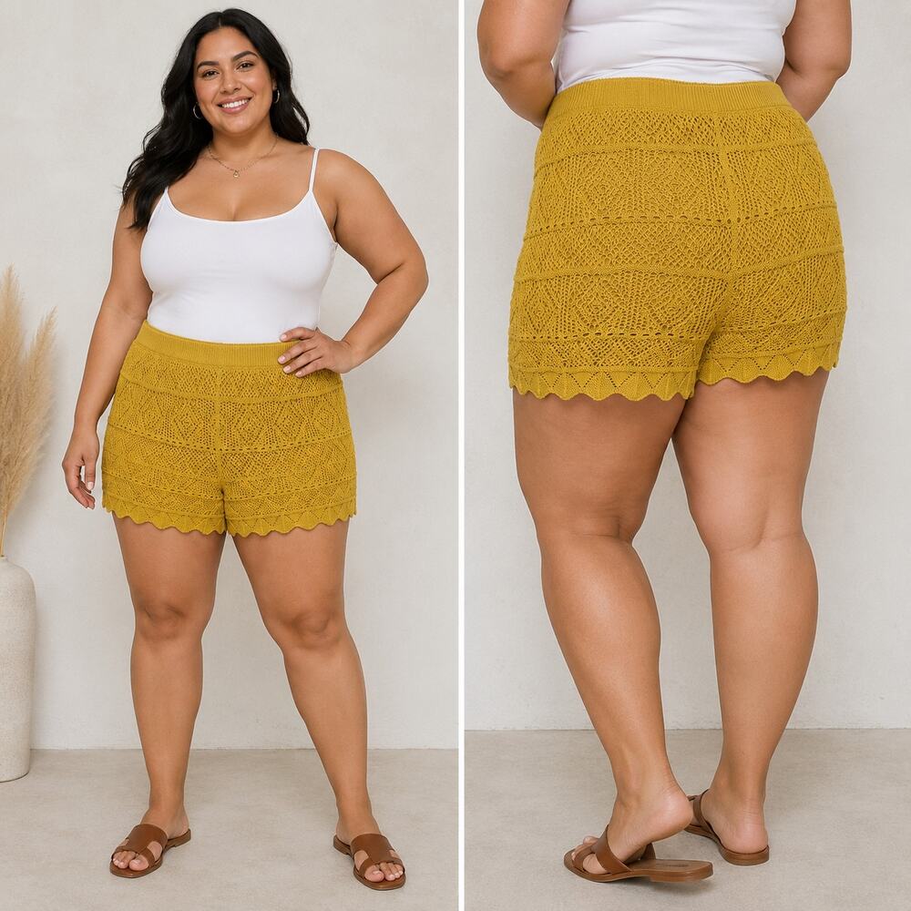 A New Day Women's XXL Mustard Yellow Knit Crochet Shorts NWT Lined Pull On